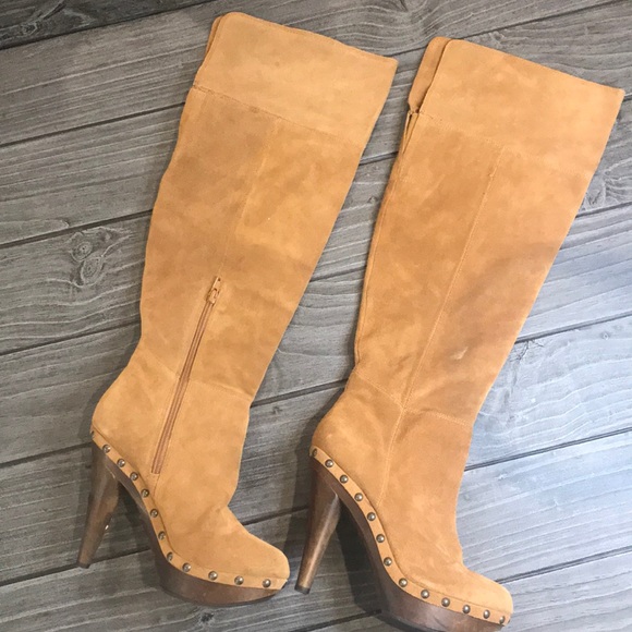 Distressed Leather OTK Foldable Wooden Heel Boots - Picture 2 of 6